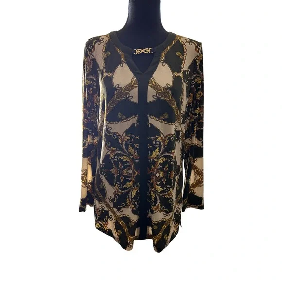 Susan Graver Womens XS Tunic Top V Neck Gold Accent Long Sleeve - Picture 1 of 8